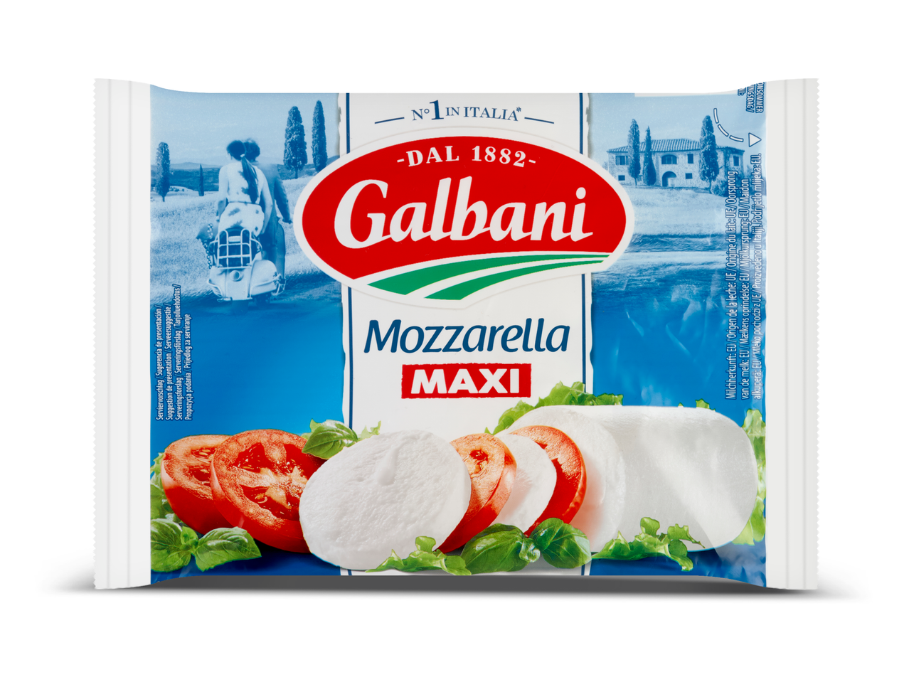 Verpakking mozzarella met tomaten en basilicum, met Italiaans landschap op de achtergrond.