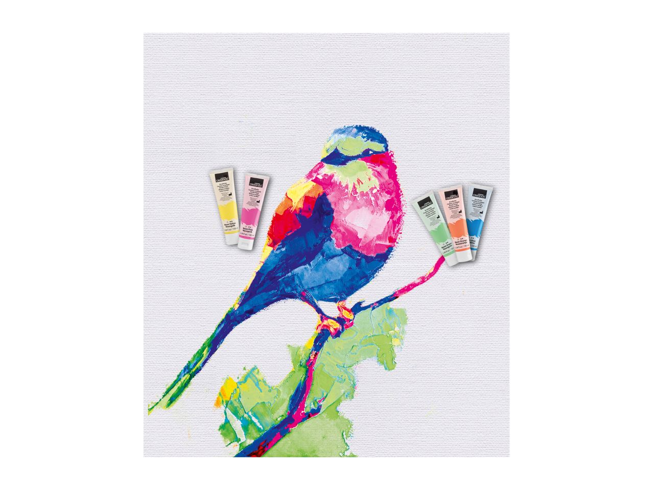 Vibrant acrylic painting of a bird on canvas with several tubes of neon paint.