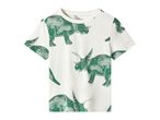 White short-sleeved t-shirt with a green dinosaur print.