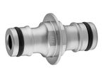 Silver metal hose connector with black rubber rings on a white background.