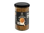 A jar of whole seed mustard with a black label and a wooden spoon illustration.