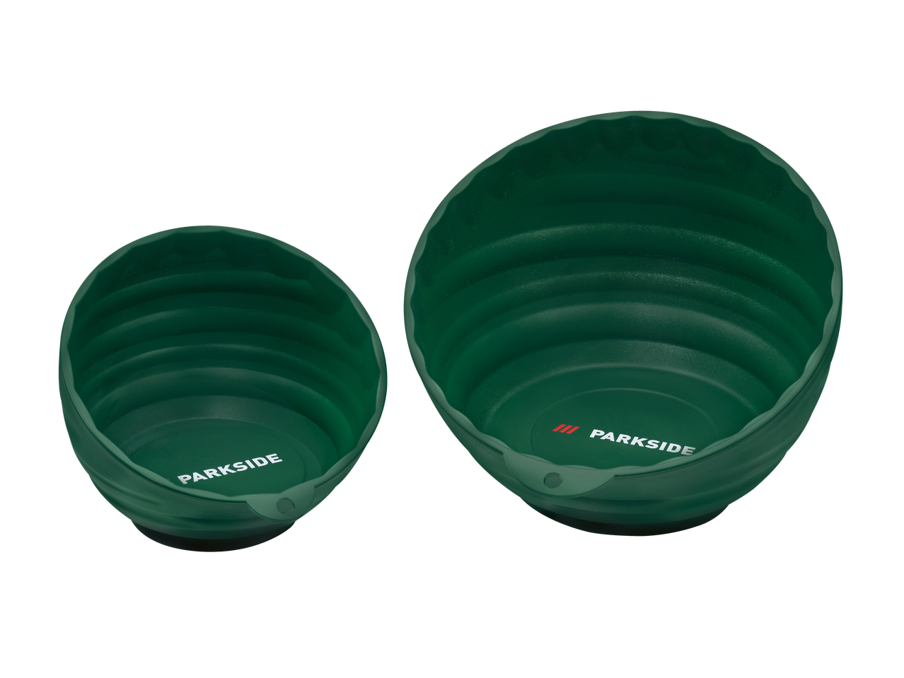 Kaks erineva suurusega rohelist Parkside magnetkaussi.