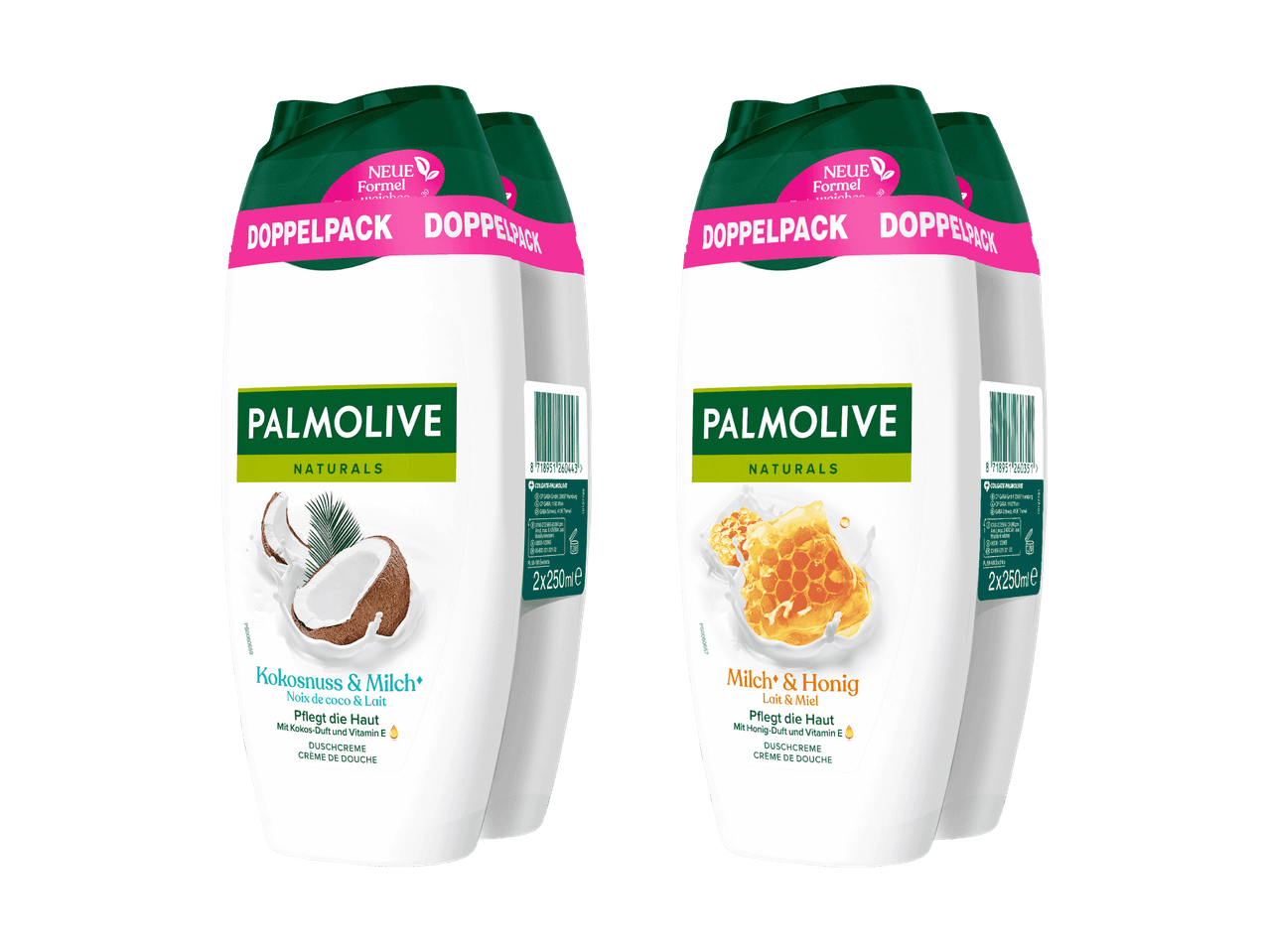 Packs doubles de gel douche Palmolive Naturals noix de coco et lait, et miel et lait.