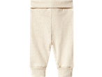 Close-up of beige ribbed baby leggings with a wide elastic waistband and cuffed ankles.