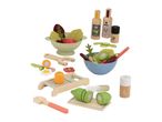 Wooden toy salad set with bowl, colander, vegetables, grater, peeler, oil, vinegar, salt, and pepper.