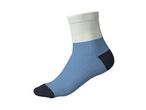 A single blue, white, and dark blue sock, angled to show the heel and toe.