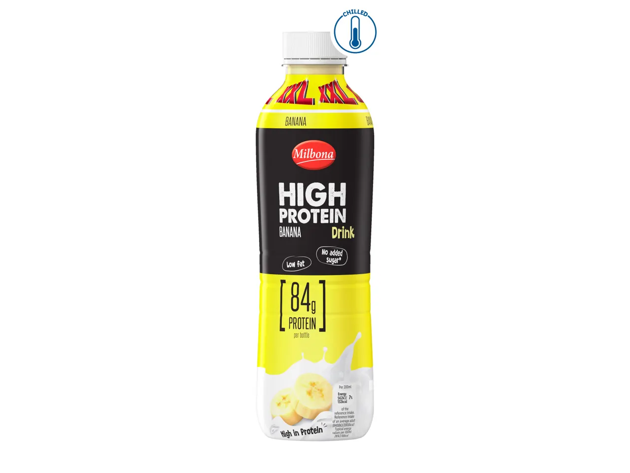 Milbona High Protein Banana Drink, 84g protein per bottle.