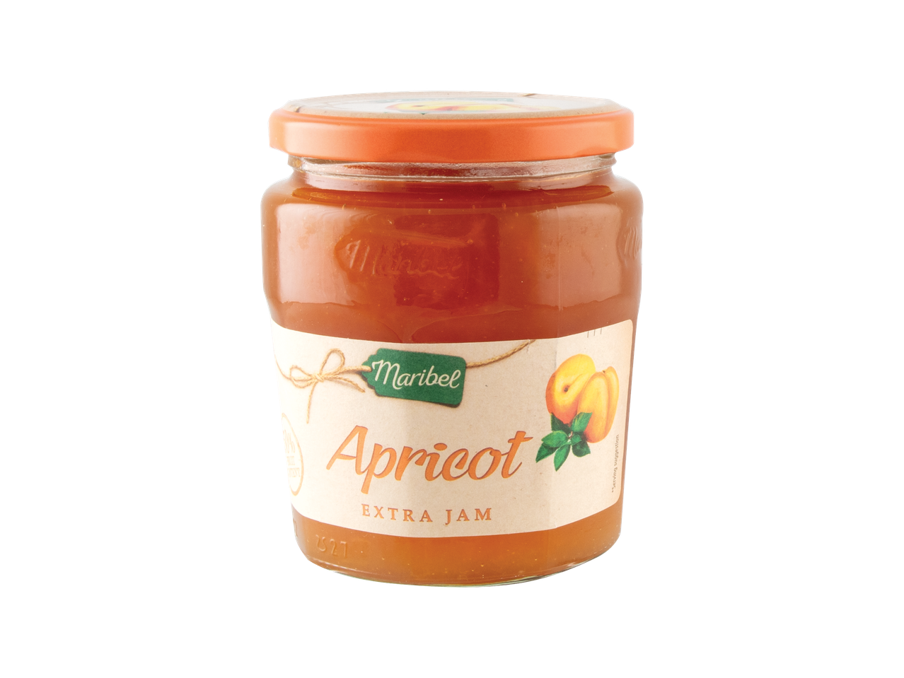Staklenka džema od marelica s narančastim poklopcem i bež etiketom s natpisom 'Apricot Extra Jam'.