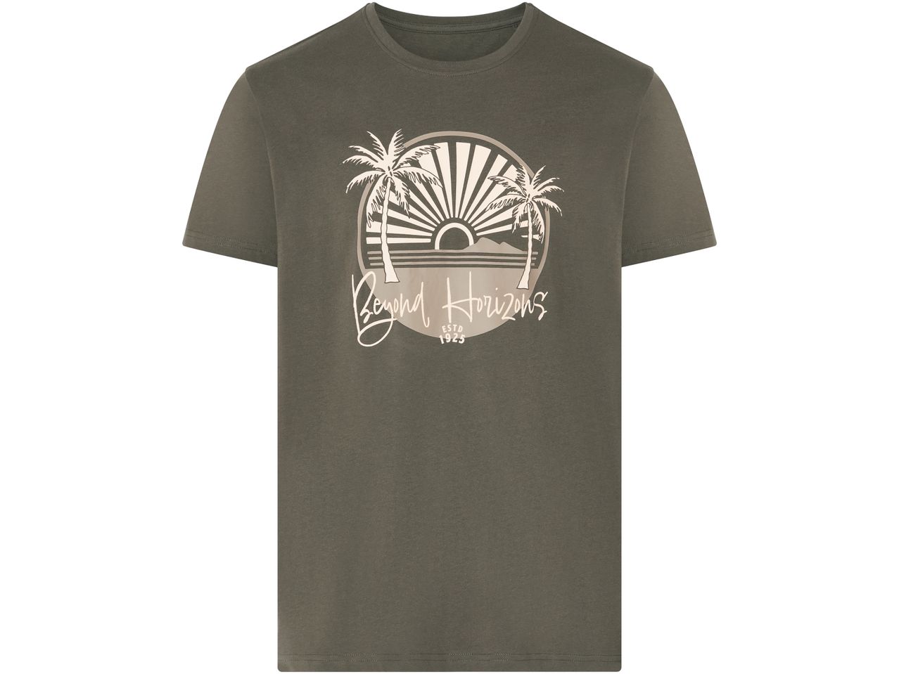 Olive green Beyond Horizons t-shirt with palm tree and sunset graphic.