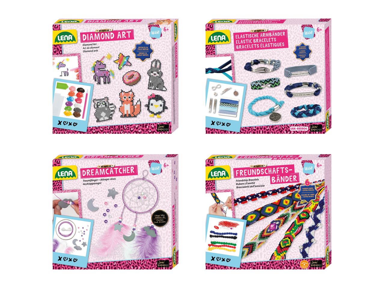 Vier Bastelsets: Diamond Art, elastische Armbänder, Traumfänger und Freundschaftsbänder.