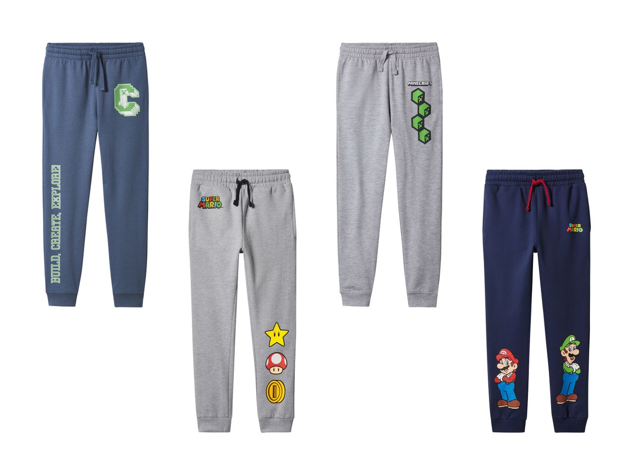 Fire børne-joggingbukser med Minecraft, Super Mario og andre designs.