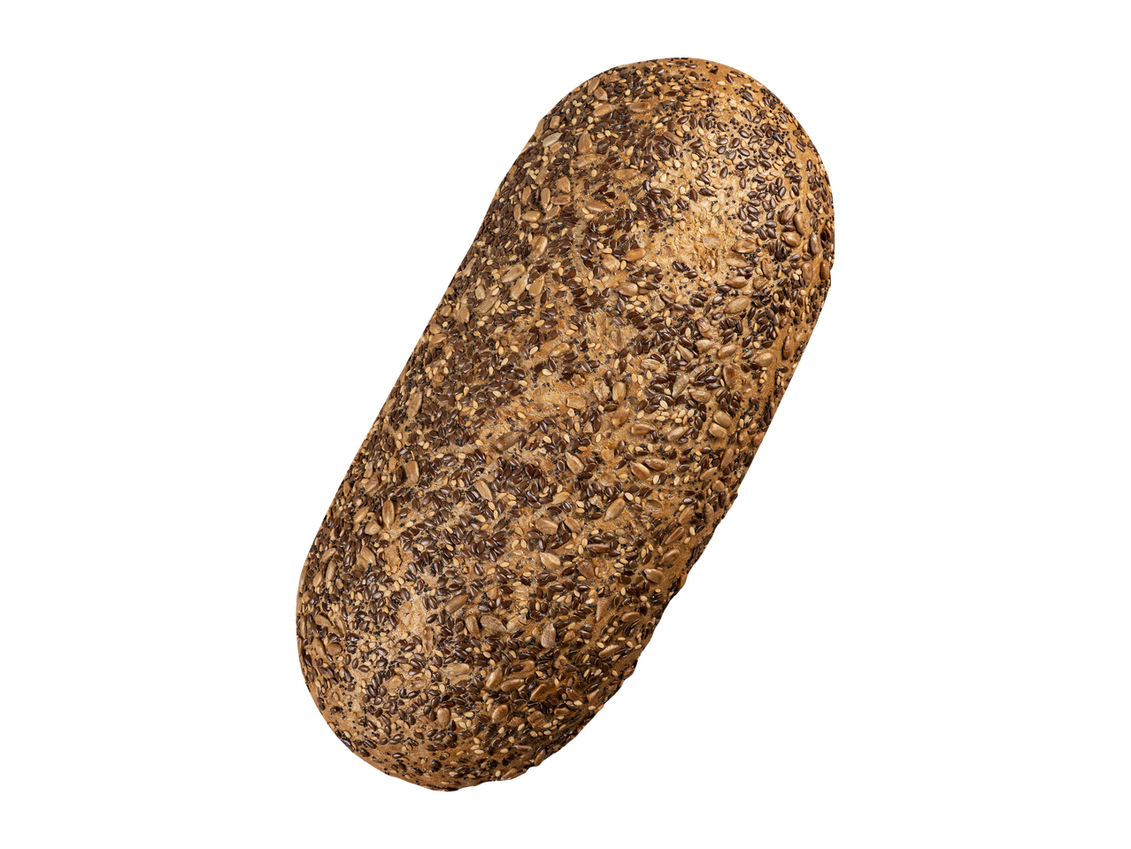 O pâine cu semințe diverse, cu aspect rustic, izolată pe un fundal negru.