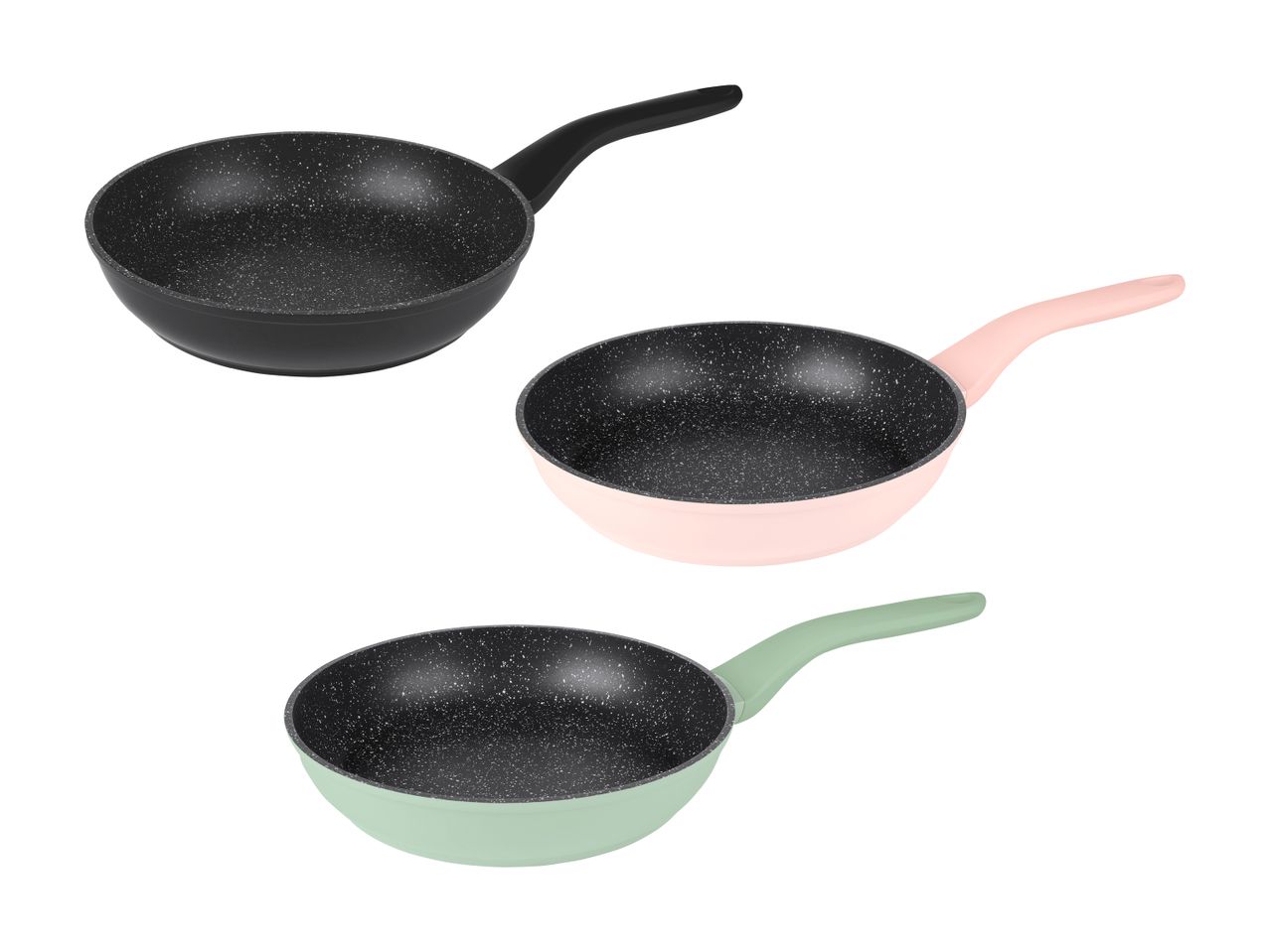 Tre stegepander i sort, lyserød og mintgrøn med non-stick belægning.