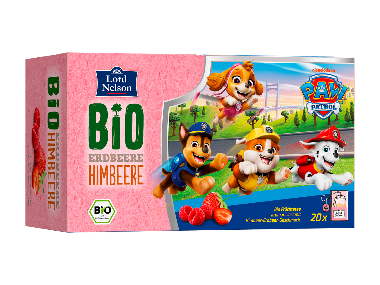 Boîte de thé aux fruits bio à la framboise et à la fraise avec des personnages de dessins animés.