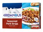 Seasoned pork strips, gyros style, with nutritional information, against a Greek-themed background.