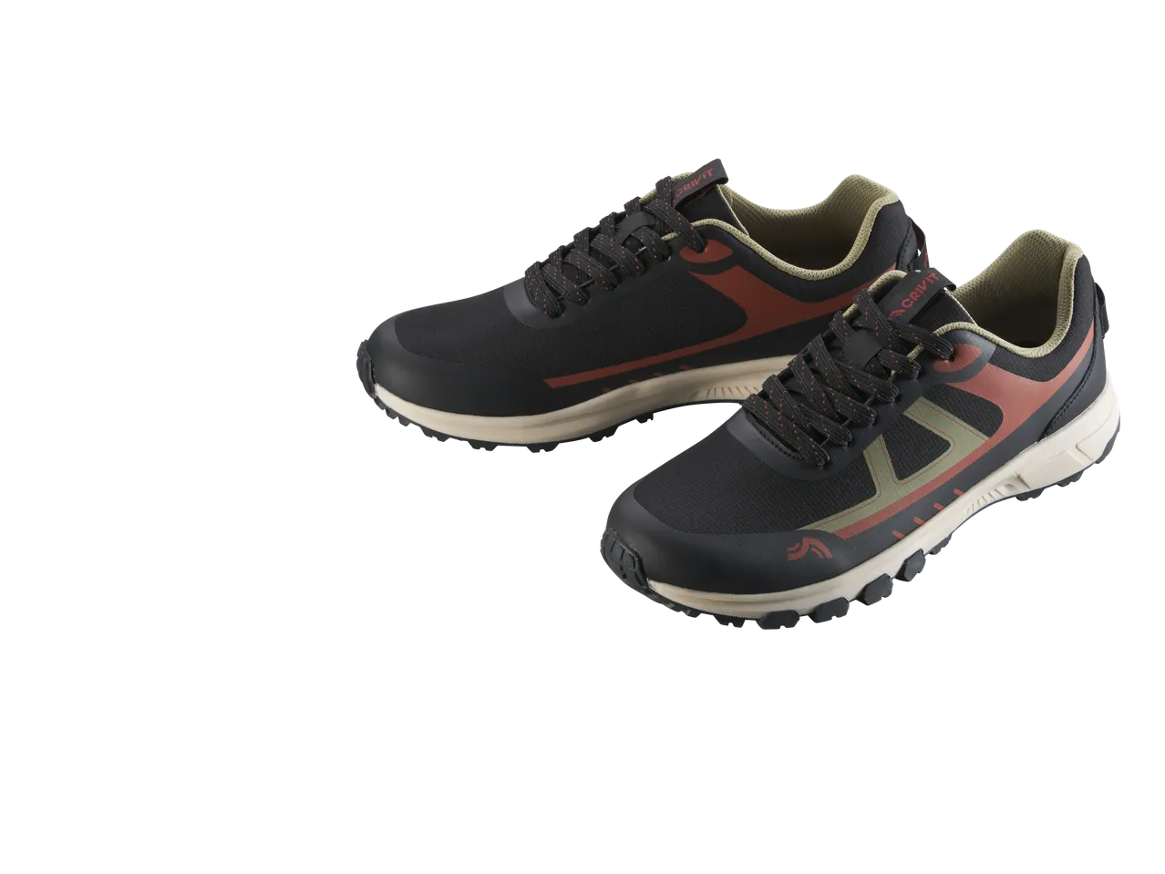 CRIVIT Men's Outdoor Trainers in black with red and olive accents, angled view.