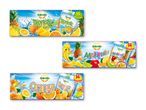 Tre pakker med 14 frugtjuice-poser i smagsvarianterne tropisk, multifrugt og appelsin.