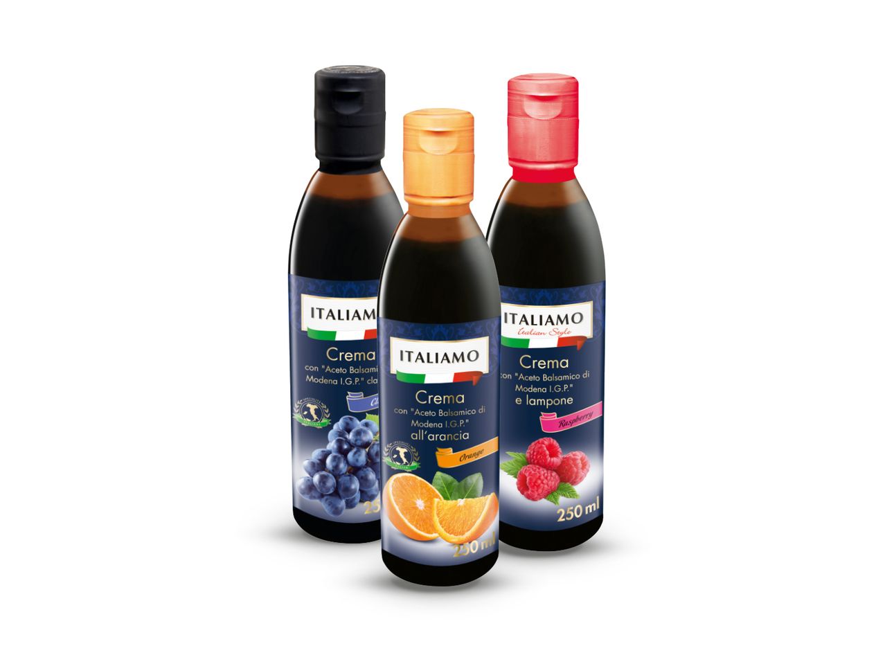 Tri boce aromatiziranog balzamičnog octa: borovnica, naranča i malina.