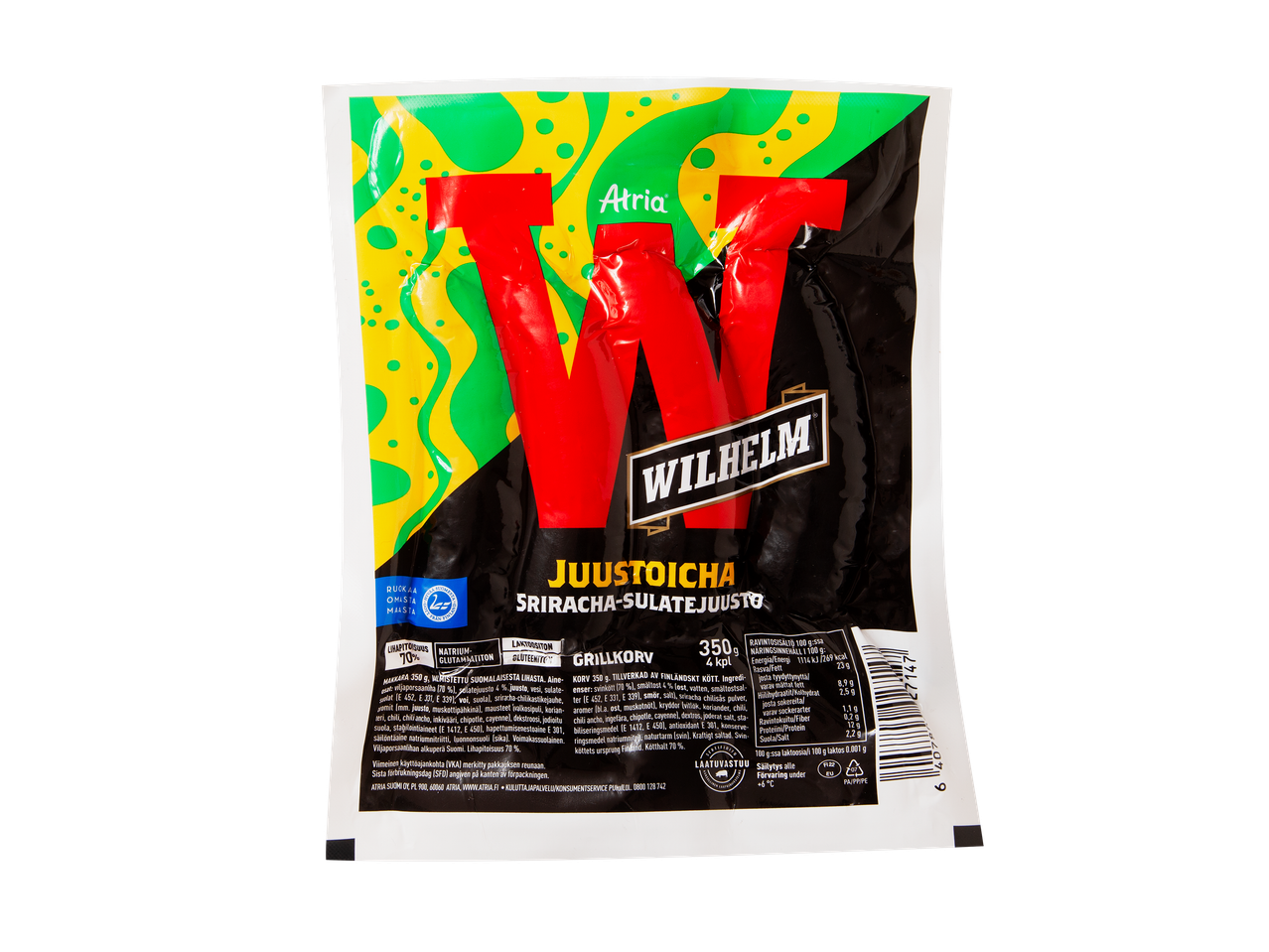 Pakkaus grillimakkaraa, jossa on juustoa ja srirachaa, mustalla, keltaisella ja vihreällä etiketillä.