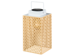 Solar-powered lantern with a white top, handle, and a beige, diamond-patterned body.