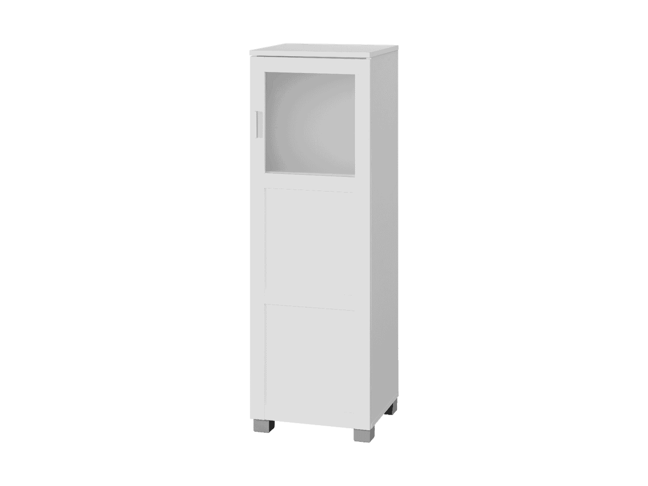 Armadietto alto da bagno bianco con anta in vetro e due scomparti chiusi.