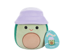 Plush avocado toy in a purple hat, with a tag that reads Austin.