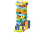 A colorful tower of wooden blocks with dinosaur illustrations, resembling a Jenga game.