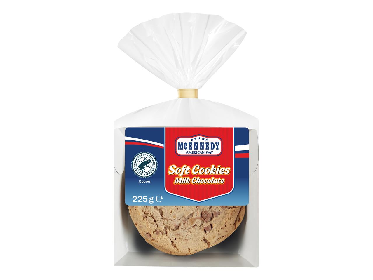 Paquet de biscuits moelleux au chocolat au lait avec le logo Rainforest Alliance.