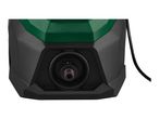 Close-up of a black and green dashcam lens.