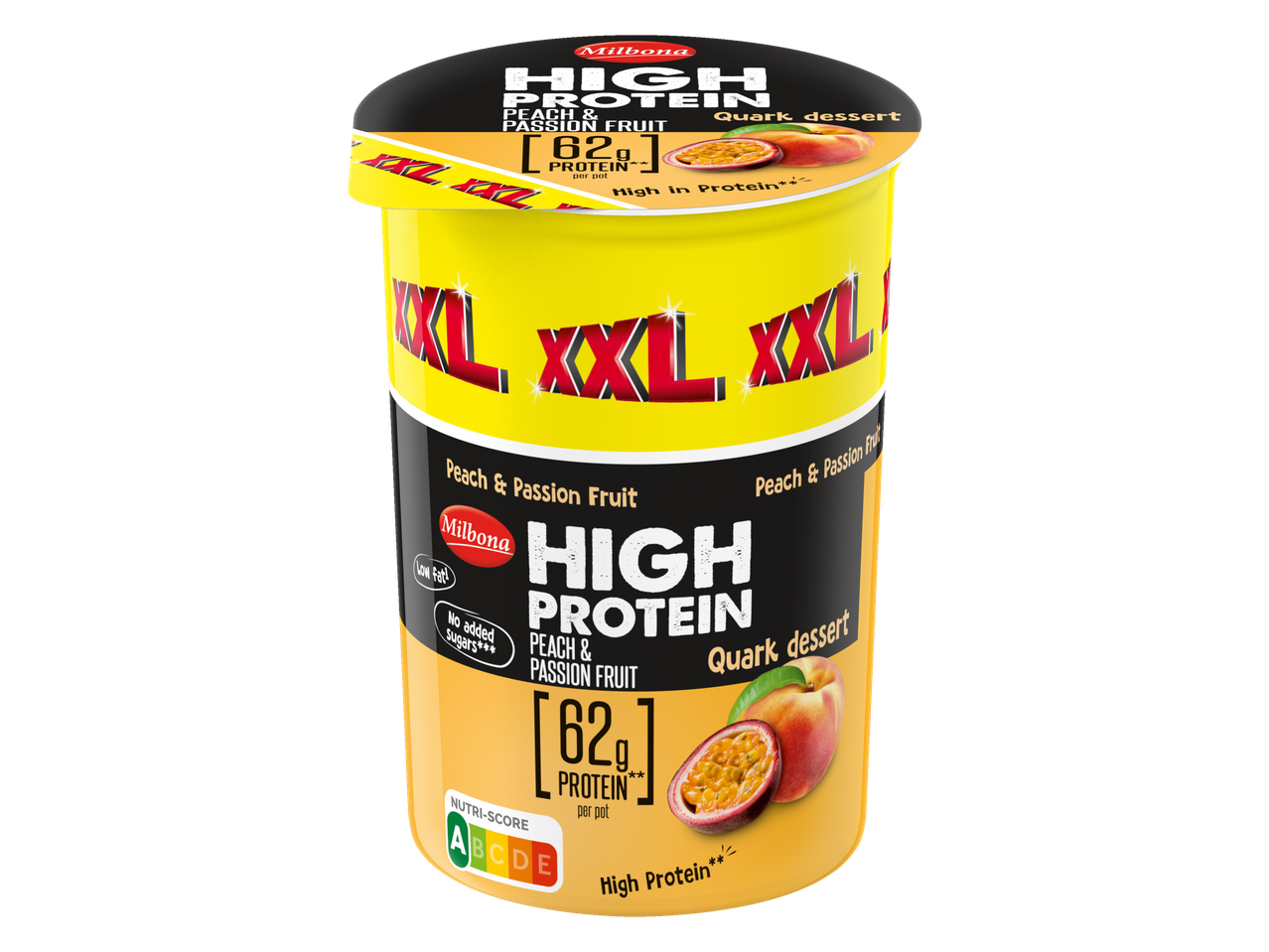 Milbona High Protein Quark dessert met perzik & passievrucht smaak.