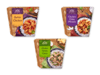 Tre færdigretter: Butter Chicken, Chicken Tikka Masala og Chicken Green Curry, alle med ris.