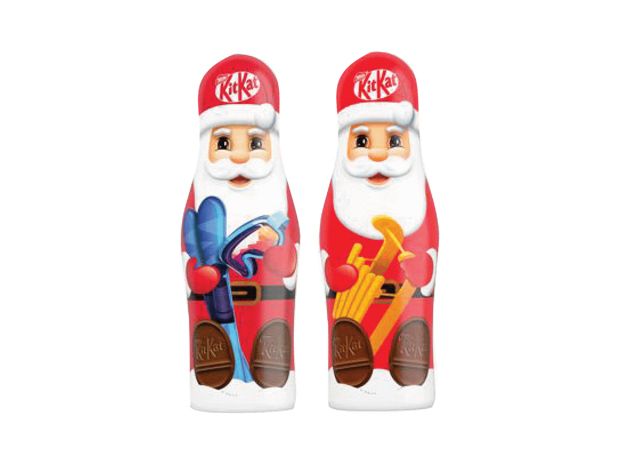 Du KitKat Kalėdų Senelio formos šokoladai, vienas su slidėmis, kitas su lazdomis.
