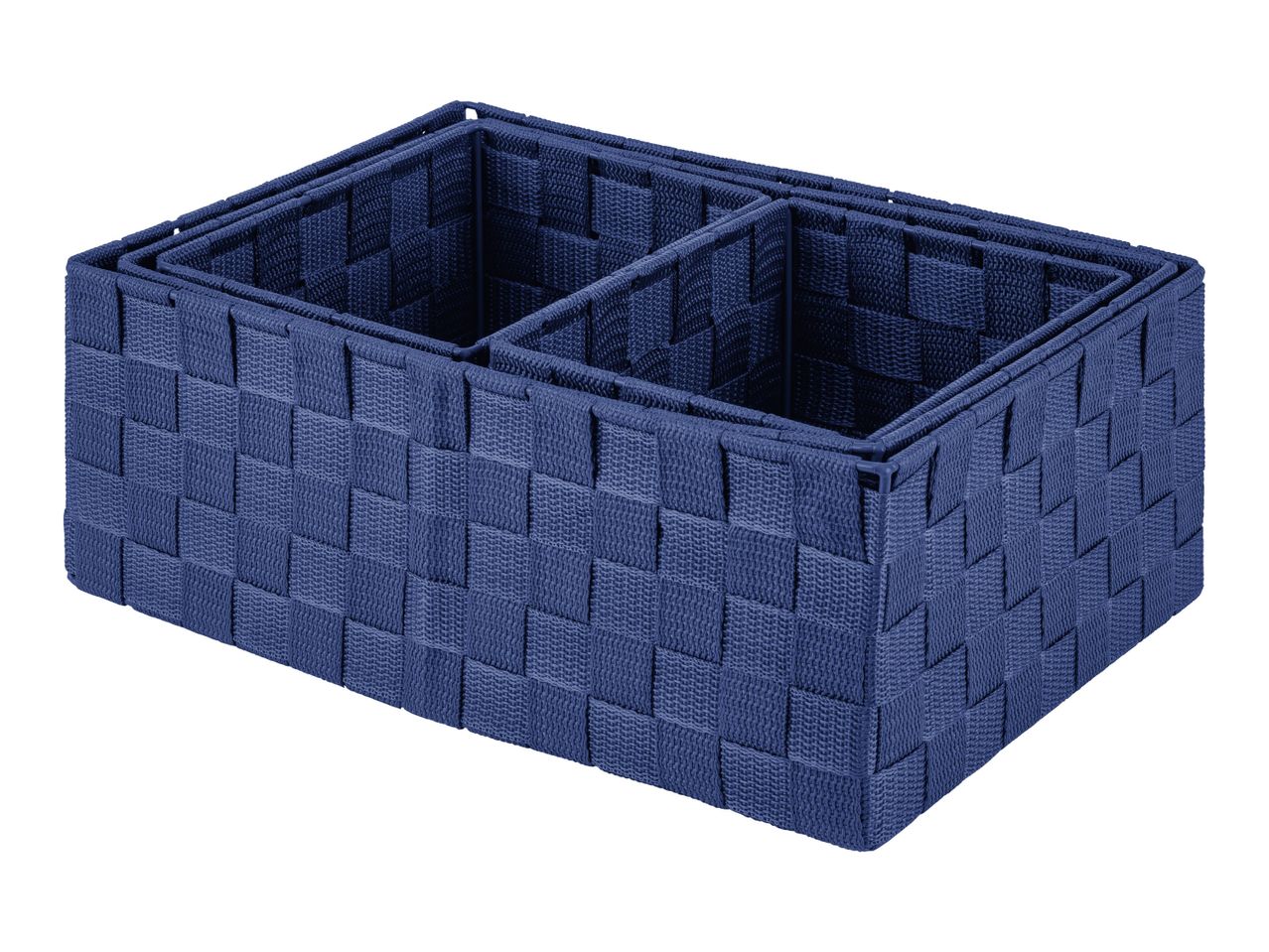 Set of three navy blue woven storage baskets.