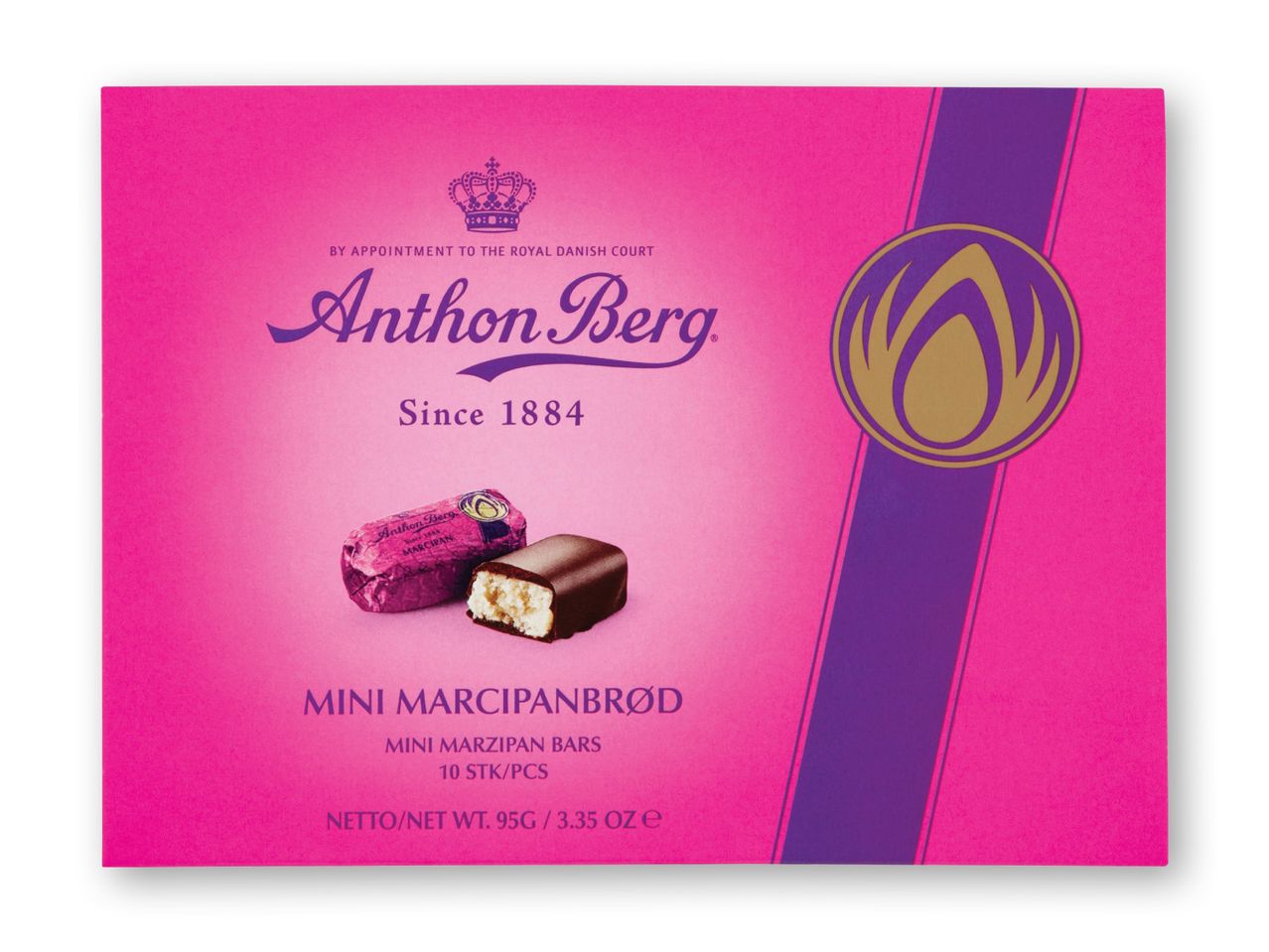 Anthon Berg Mini Marcipanbrød æske med to marcipanbarer, en indpakket og en bidt.
