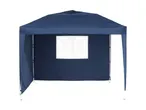 A navy blue pop-up gazebo with a white window panel stands on a white background.