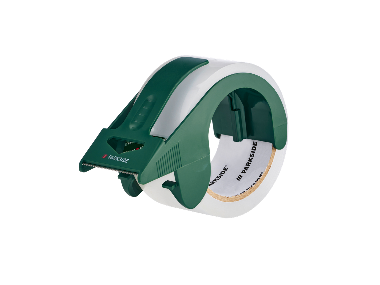 Zaļš un balts PARKSIDE lentes dozators ar lenti uz melna fona.