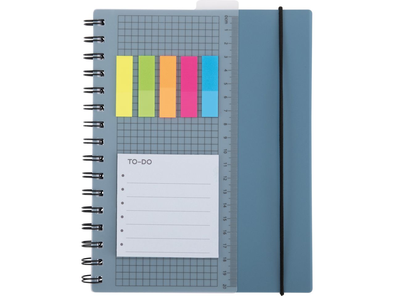 A gray spiral-bound notebook with built-in sticky notes and a pocket.