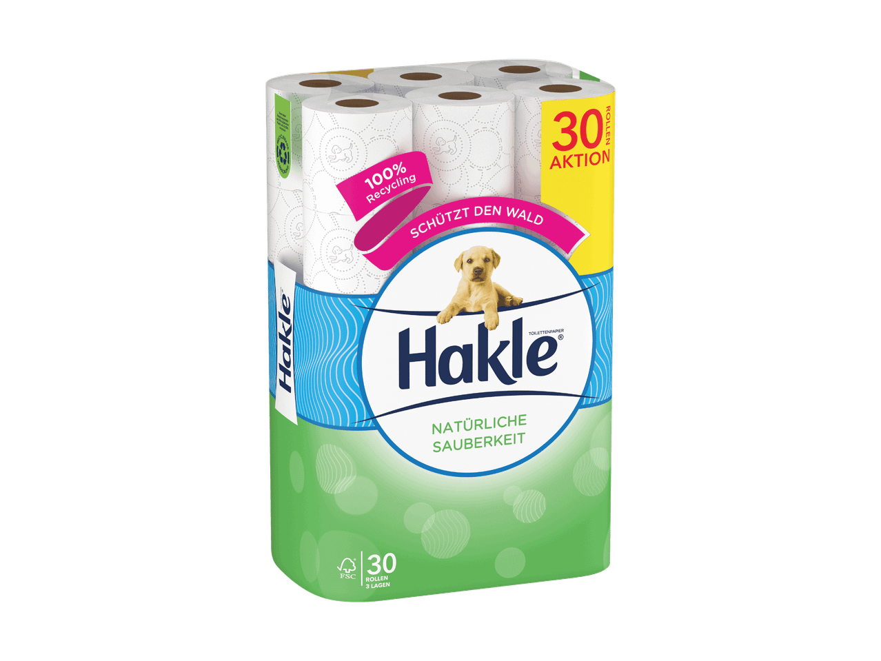 Eine Packung Hakle Toilettenpapier mit 30 Rollen, einem Labrador-Welpen und dem Hinweis „100% Recycling“.