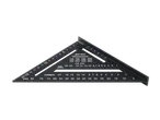 Black carpenter's square with metric scale and rafter conversion tables.