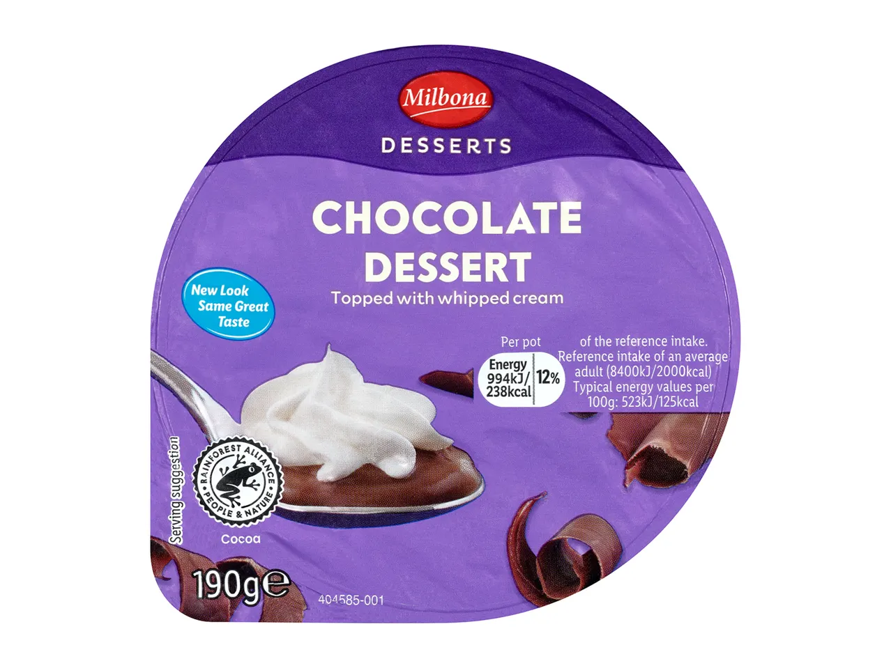 Milbona chocolate dessert topped with whipped cream.