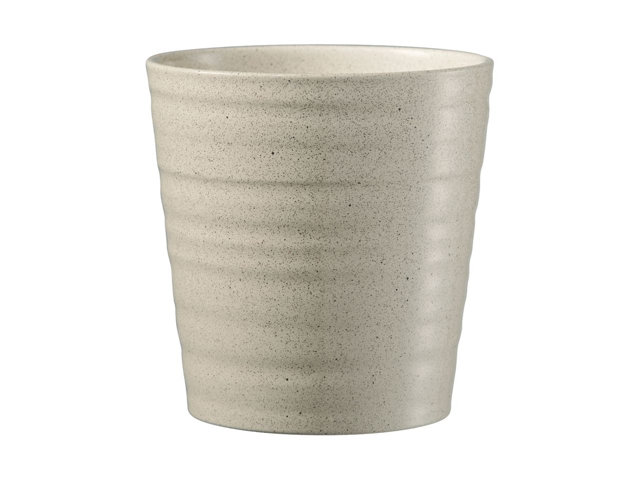 A light beige ceramic tumbler with a textured, swirling design.