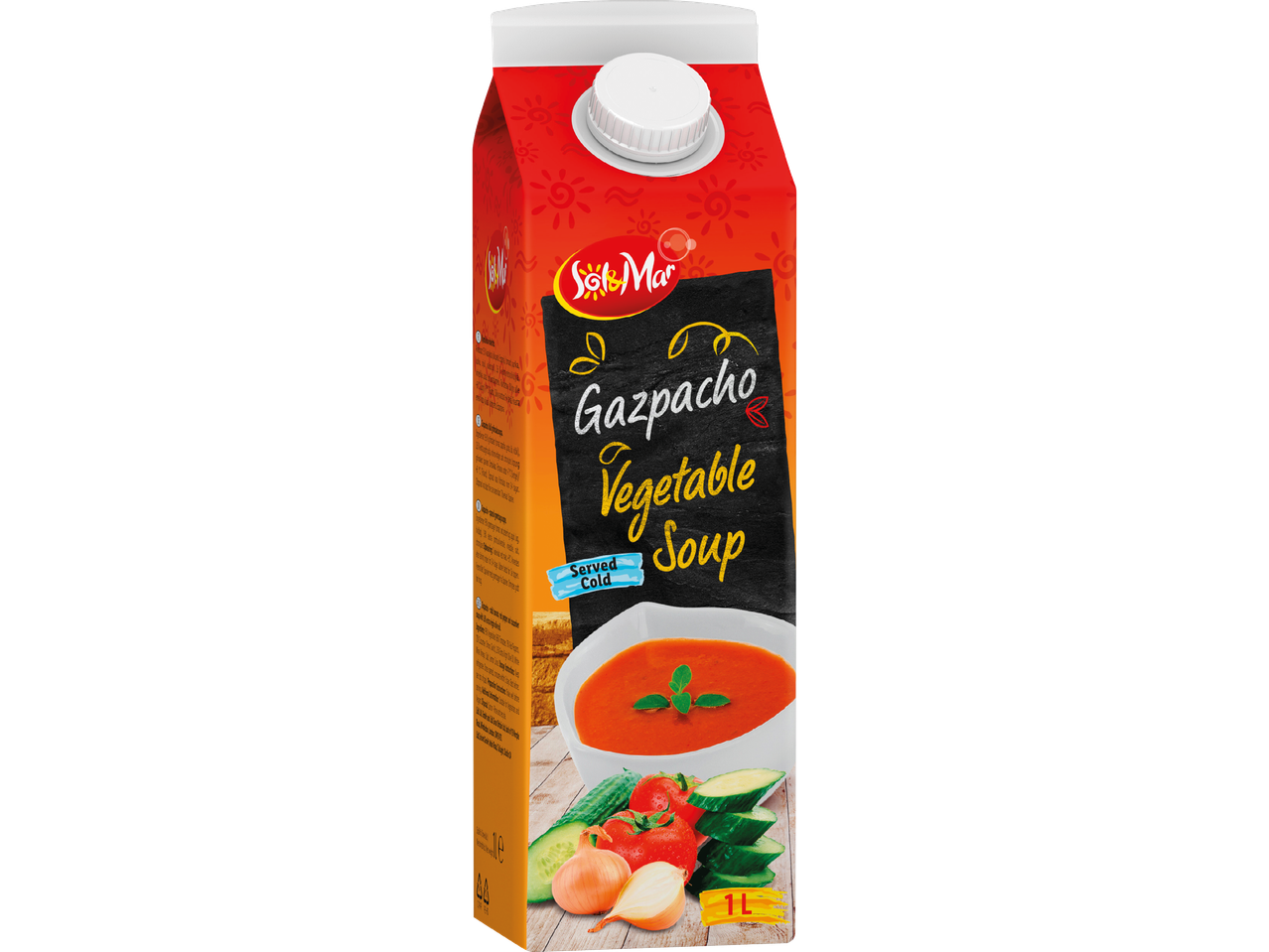 En kartong med Sol & Mar Gazpacho grönsakssoppa, serveras kall.