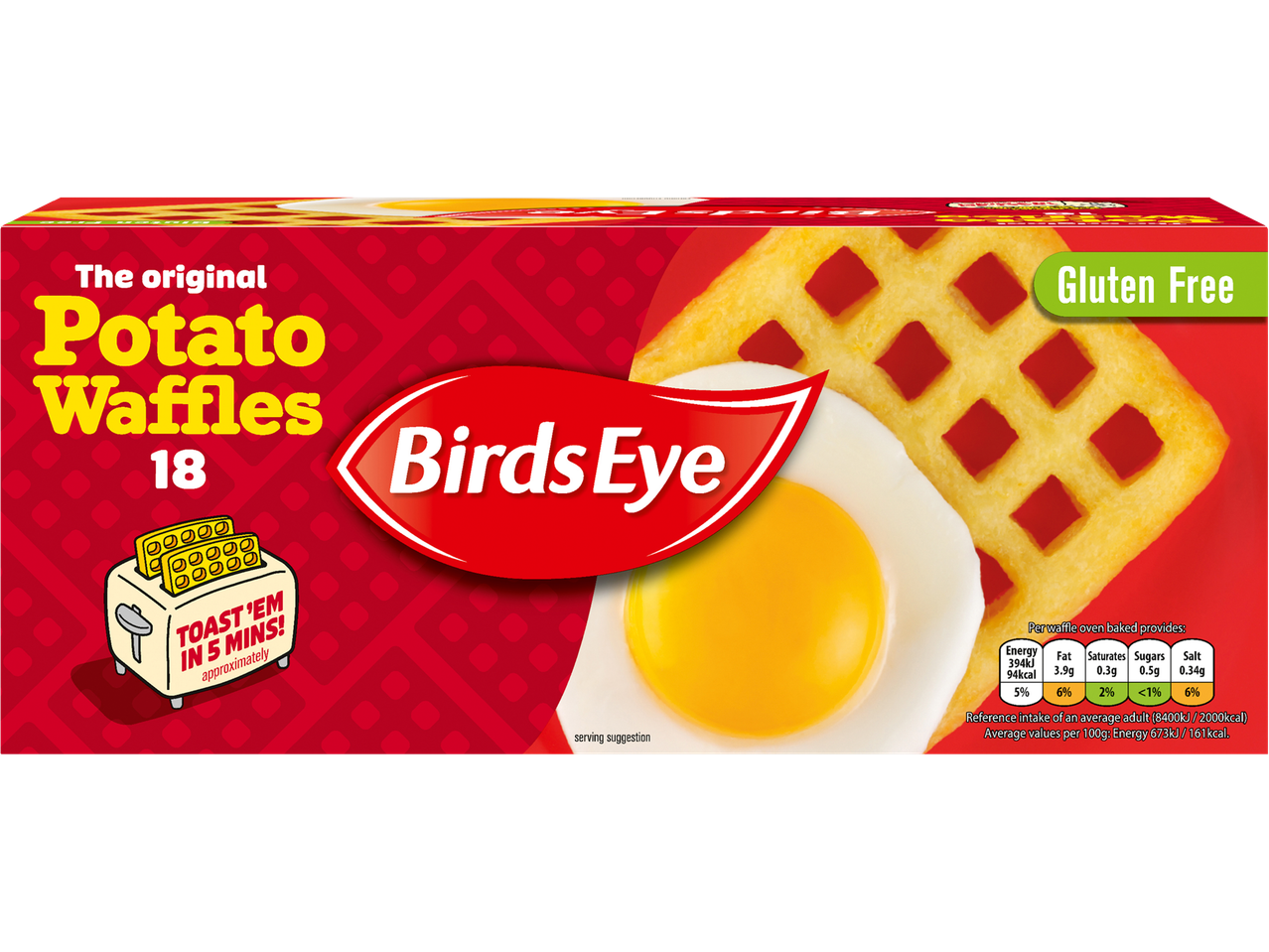 Birds Eye Gluten Free Potato Waffles: 18 waffles, ready in 5 minutes.