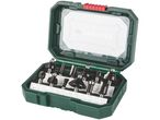 A green case filled with various router bits, including different shapes and sizes, with specifications visible.