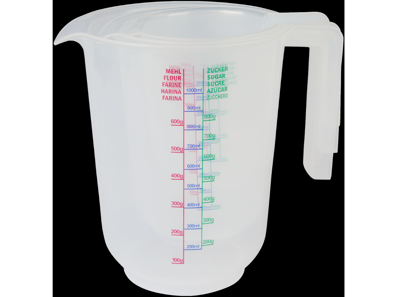 Cântar de măsurare din plastic transparent, cu marcaje pentru făină și zahăr.