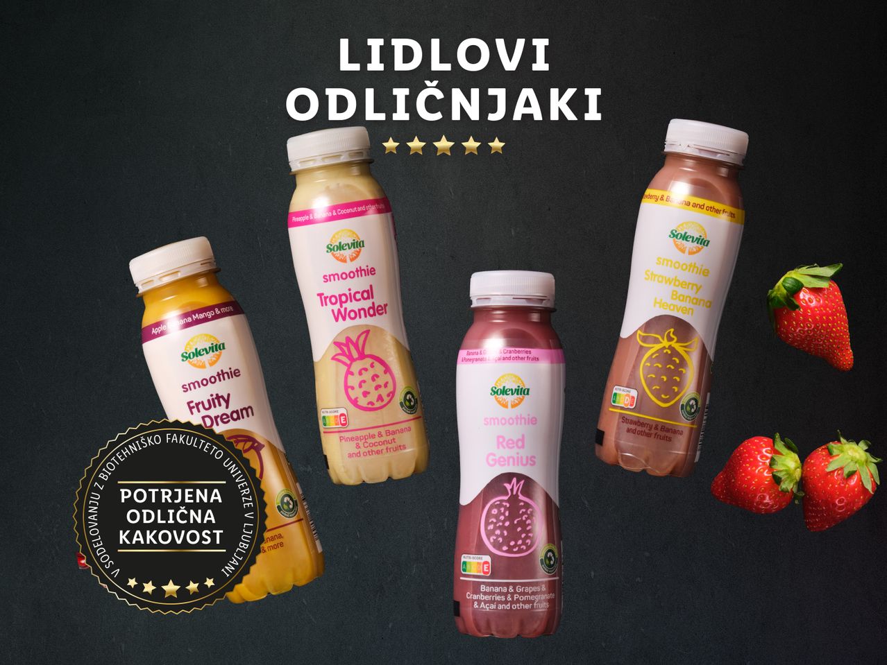 Štirje Lidlovi Solevita smutiji (Tropski čudež, Sadna sanja, Rdeči genij, Jagodno-bananov raj) z oznako odlične kakovosti.