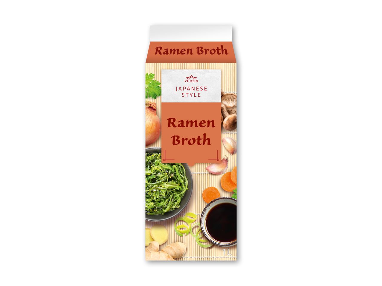 Ramen bouillon i karton med japansk stil og ingredienser som tang, ingefær og hvidløg.