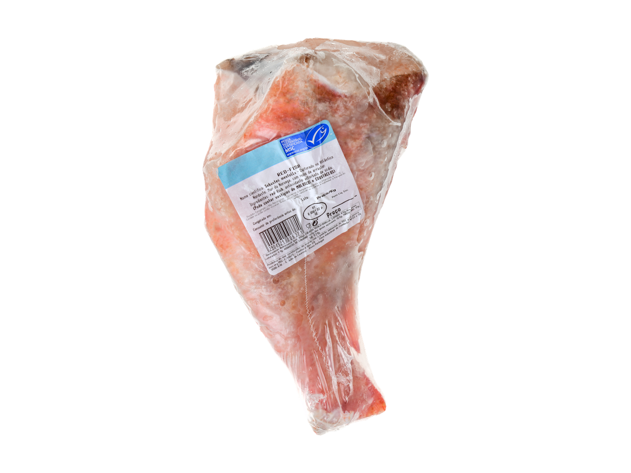 Pescada Vermelha Grande congelada com rótulo de certificação MSC e informação nutricional.