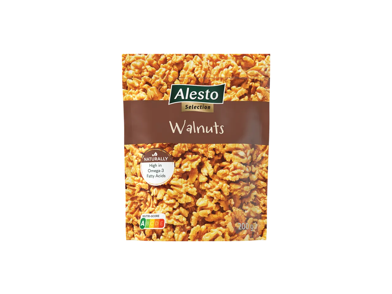200 g Alnesto Selection graikinių riešutų pakuotė, turtinga omega-3 riebalų rūgščių.