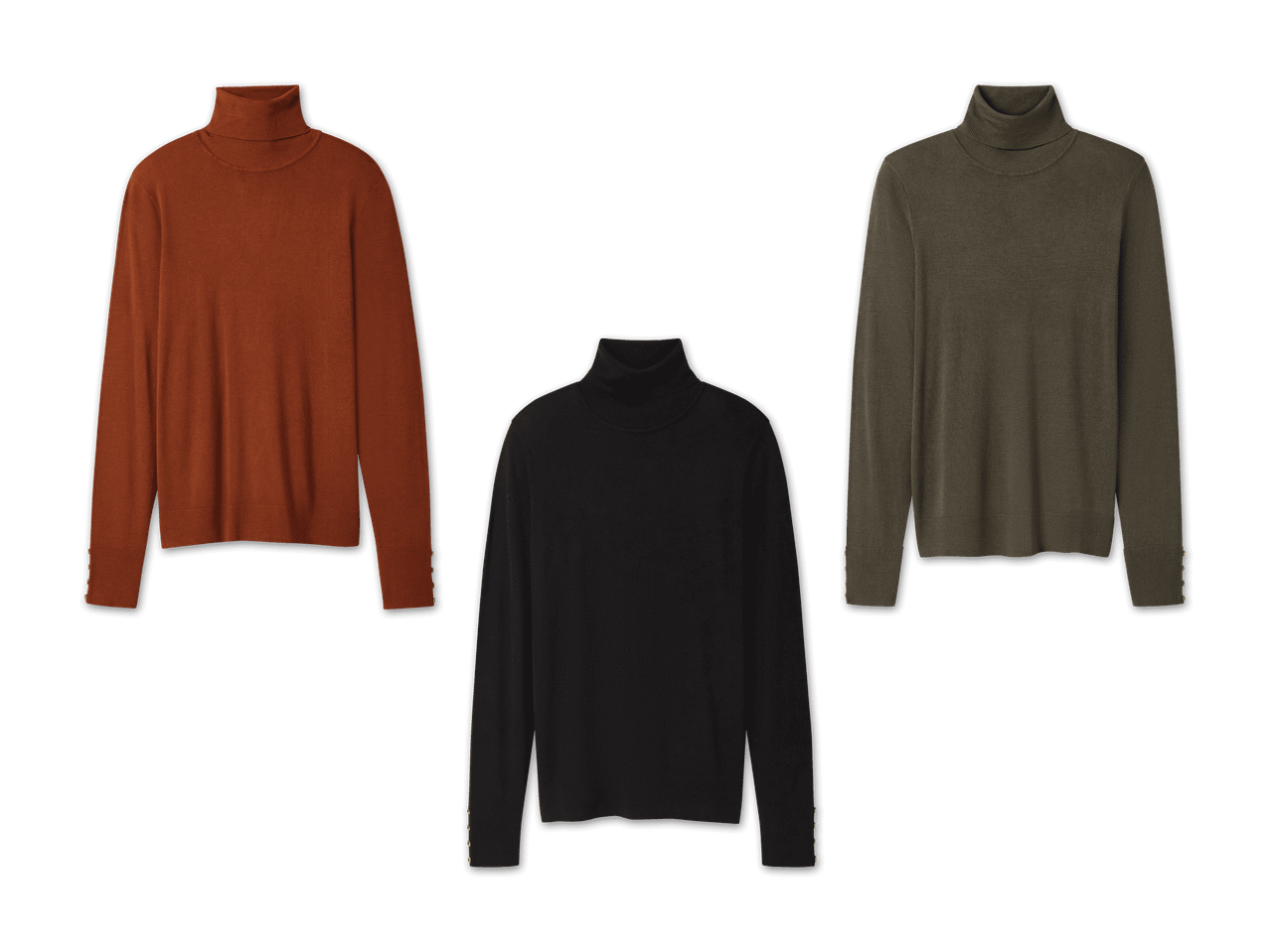 Drei Rollkragenpullover in Rostrot, Schwarz und Olivgrün